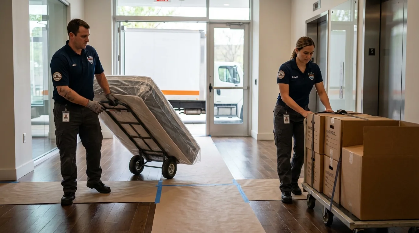 Professional apartment movers loading elevator in Glennville, GA